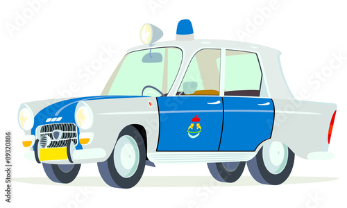 Caricatura Peugeot 404 policia sudafricana blanco y azul vista frontal y lateral