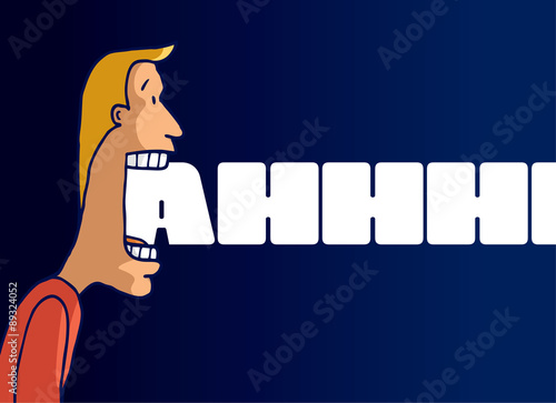 Man screaming letters from his open mouth