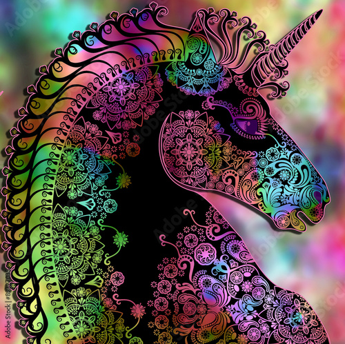 stylized  profile unicorn head on blurred background #89327035