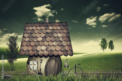 Beauty farmland and house. Abstract fairy tale backgrounds. Retr photo