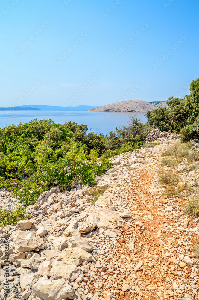 Rocky coastline with a foot path and bushes and trees by the Adr