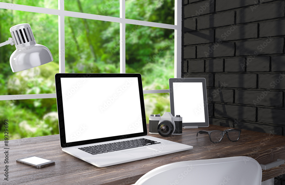 3D illustration laptopand work stuff on table near brick wall 3D illustration laptopand work stuff on table near brick wall