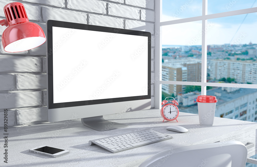 Fototapeta premium 3D illustration PC screen on table in office, Workspace