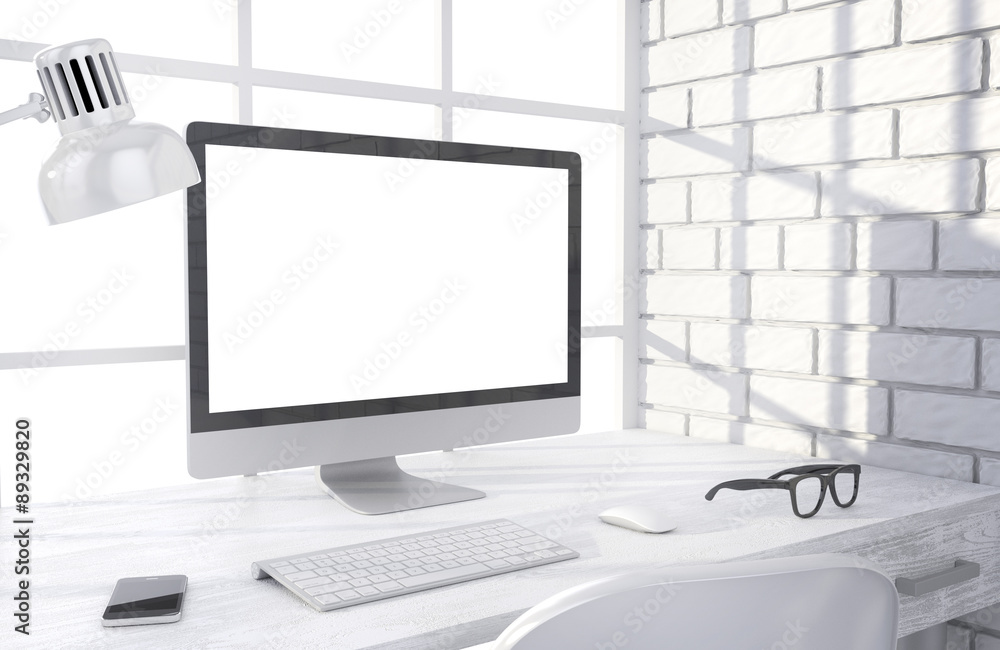 Fototapeta premium 3D illustration PC screen on table in office, Workspace