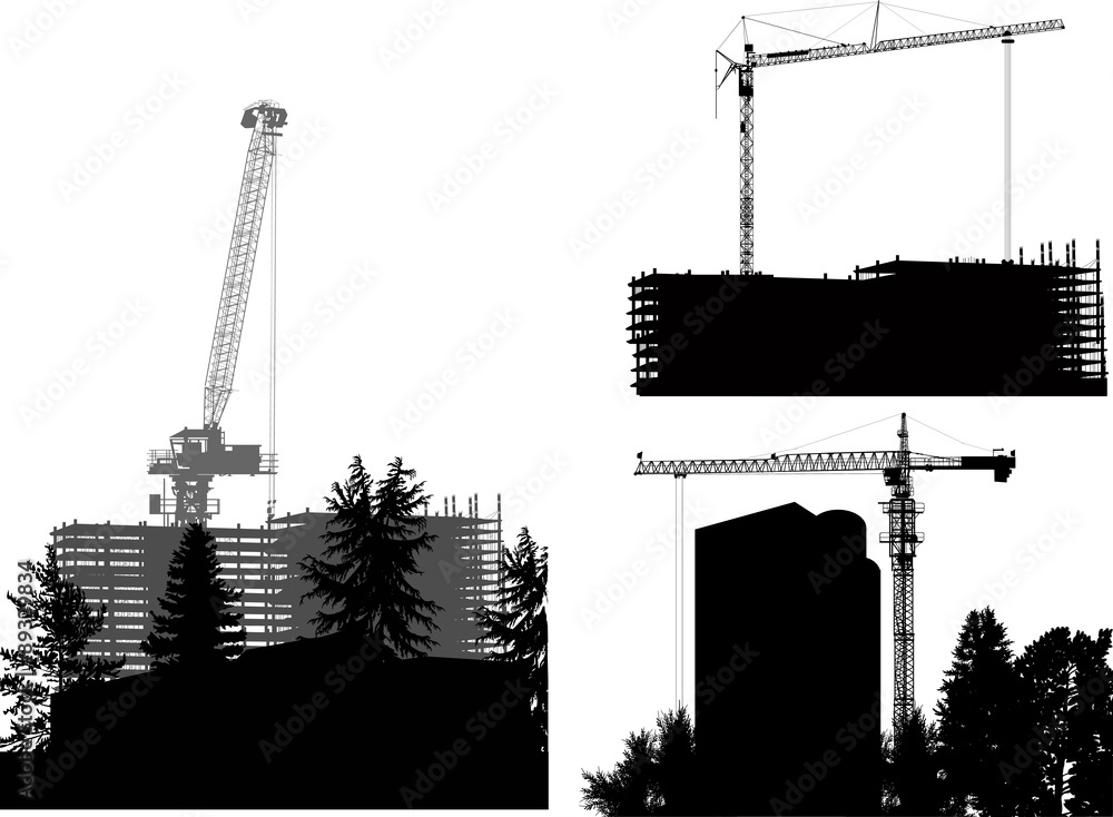 Obraz premium three compositions with cranes and unffinished buildings
