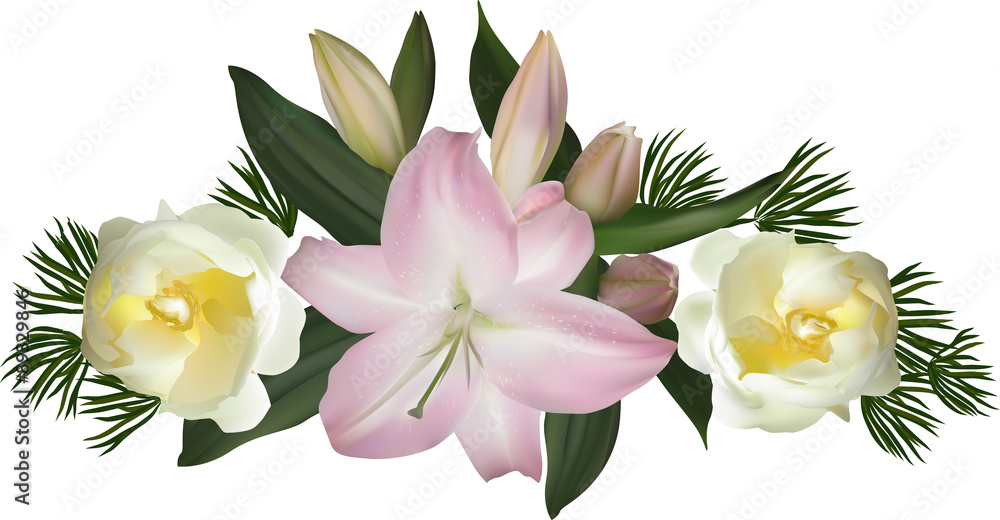 isolated light pink lily bloom and white flowers