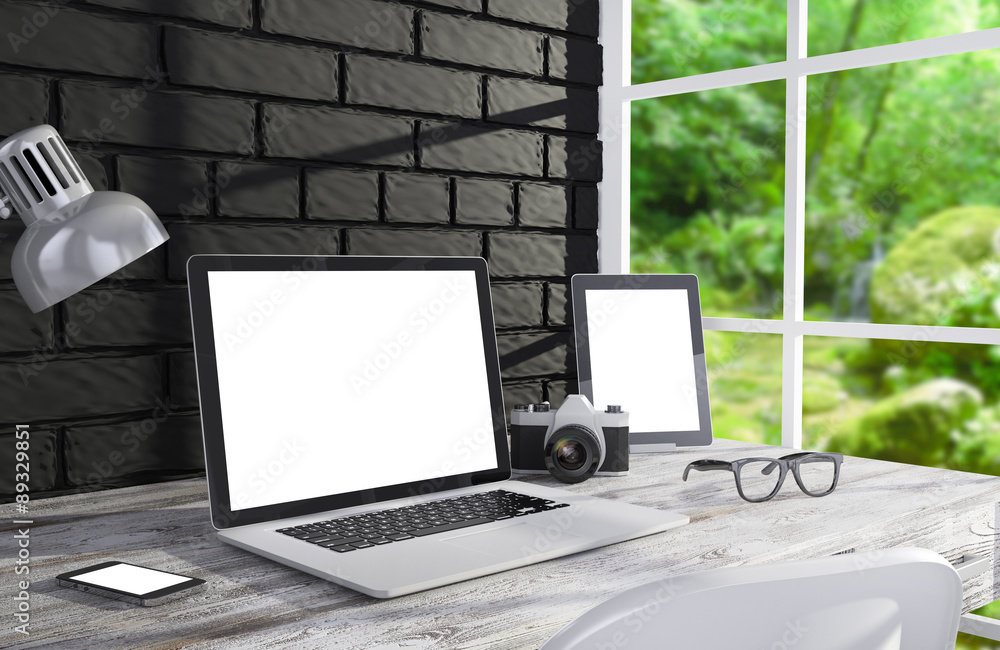 Fototapeta premium 3D illustration laptopand work stuff on table near brick wall