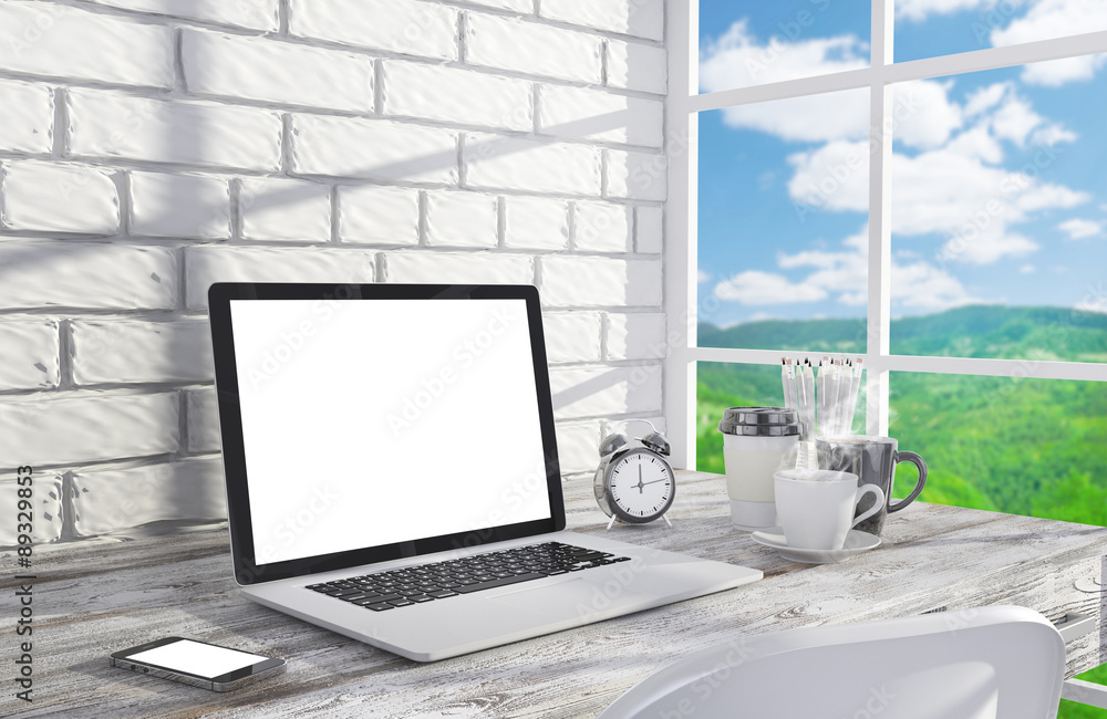 Fototapeta premium 3D illustration laptopand work stuff on table near brick wall