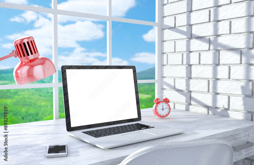 3D illustration laptopand work stuff on table near brick wall 3D illustration laptopand work stuff on table near brick wall
