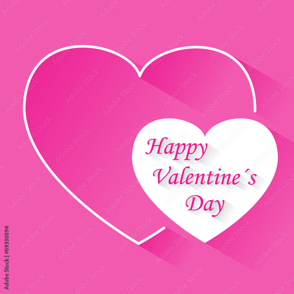 Valentine's day pink vector background with two hearts with shadow
