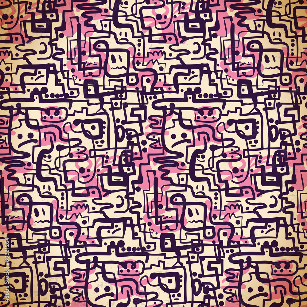 Seamless pattern of pink and purple lines and emotions