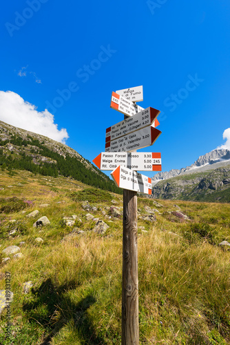 Directional Trail Signs in Mountain - Italian Alps / Typical directional trail signs in mountain in the National Park of Adamello Brenta. Trentino Alto Adige, Italy