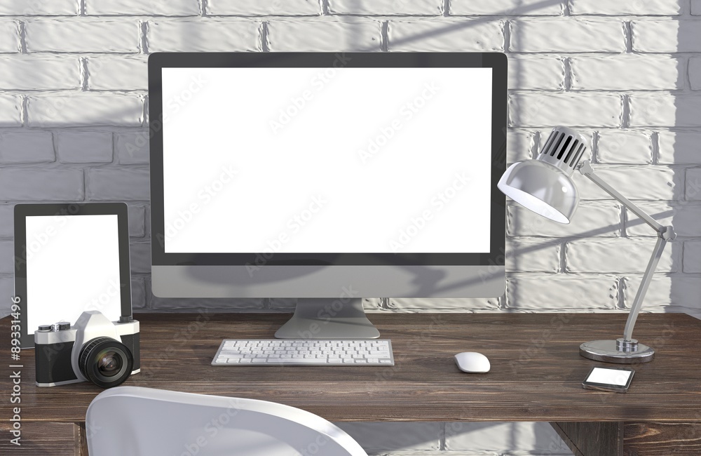 Fototapeta premium 3D illustration PC screen on table in office, Workspace