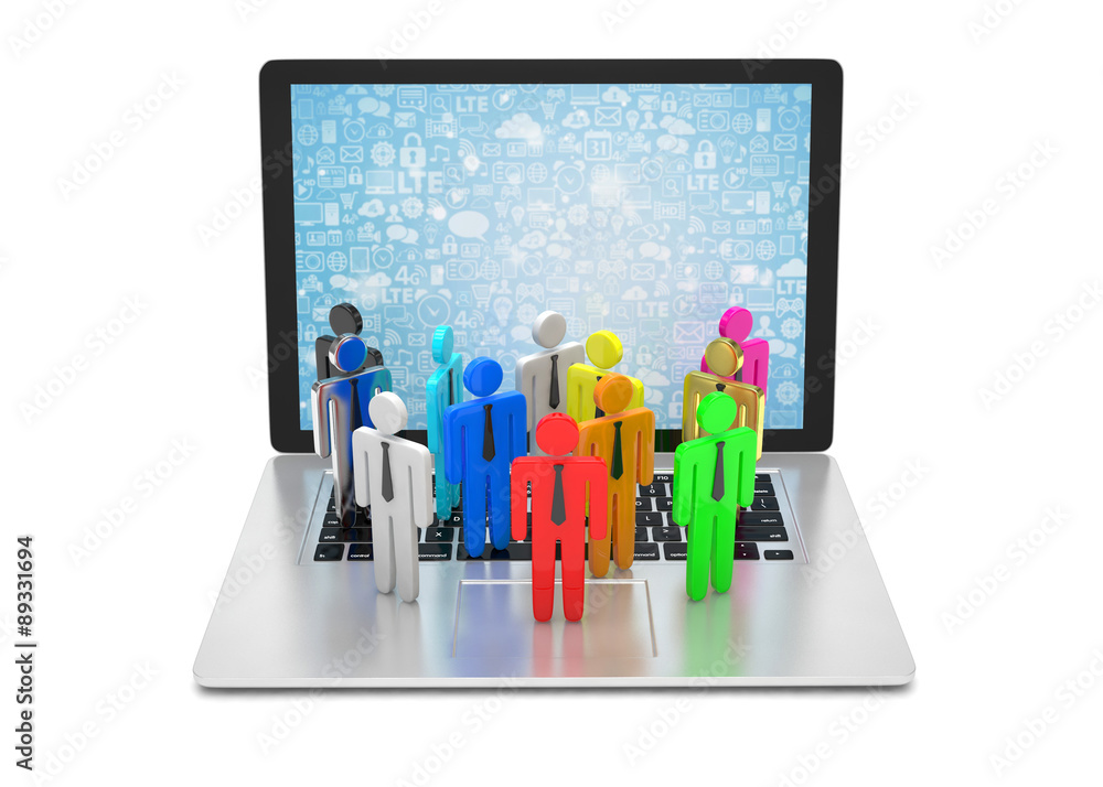 group of people figures on laptop, 3d render group of people figures on laptop, 3d render