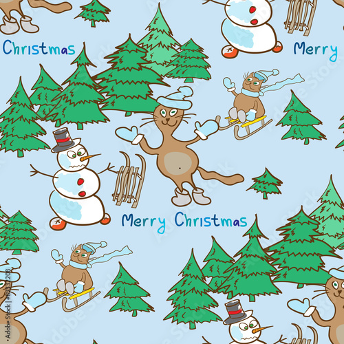 seamless pattern on a Christmas theme with snowman and cats