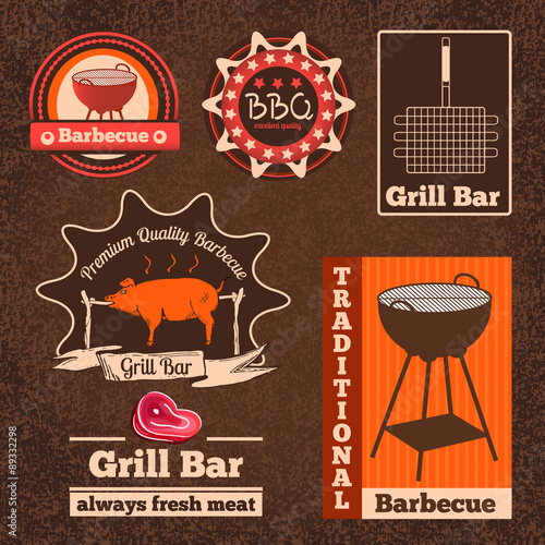 Set of logos, badges and labels for restaurant and cafes. Vector illustration. BBQ, barbecue, picnic, camping logo.Vintage style