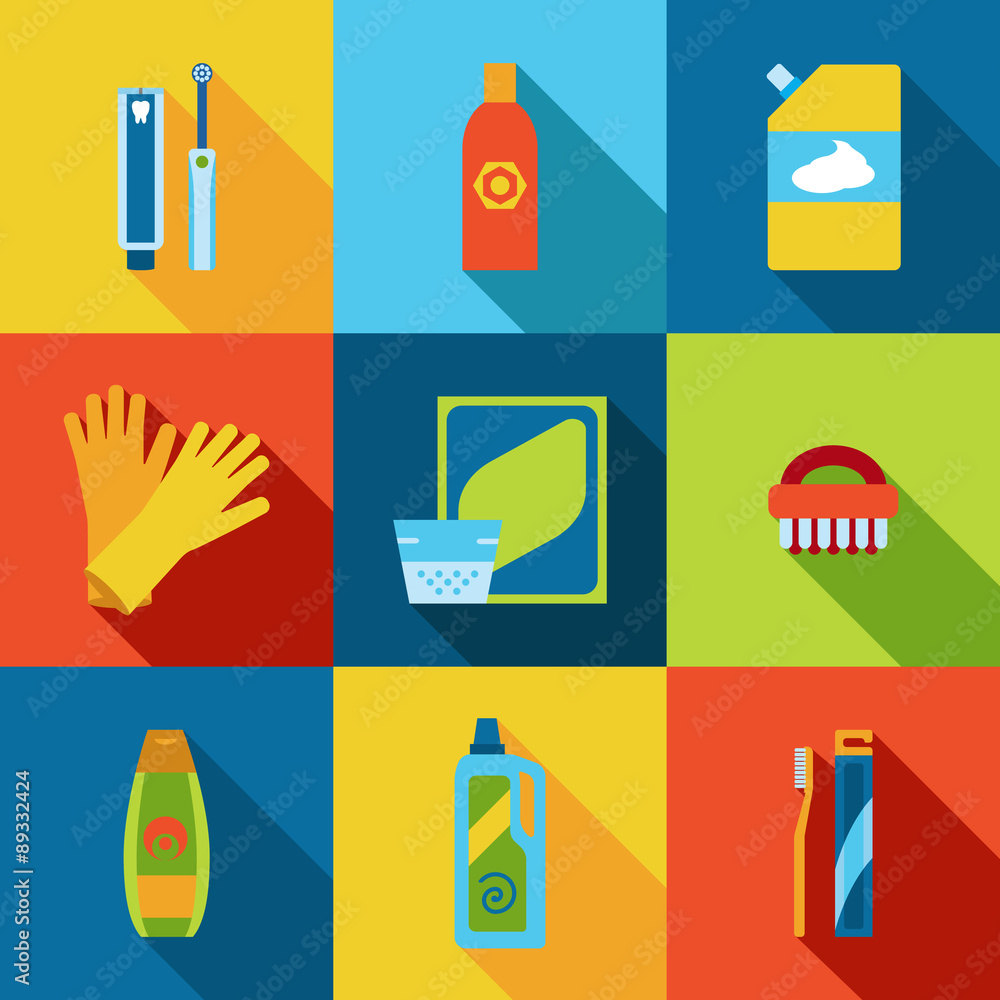 Vector hygiene and cleaning products flat icons. Cleaner and toilet ...