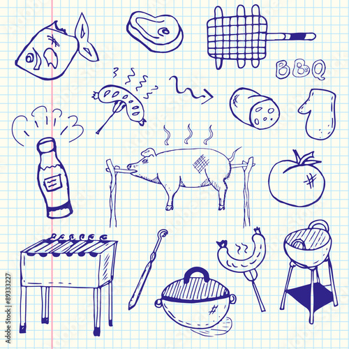 Drawing by hand a pen in a notebook on the theme of grilling and barbecue. Vector illustration.