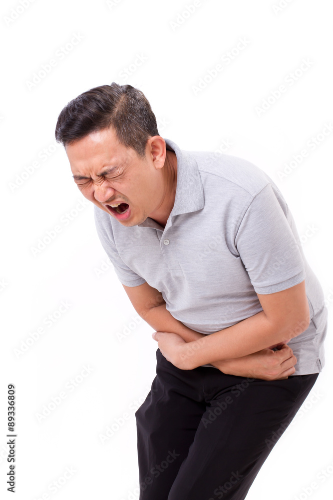 asian man suffering from stomachache, constipation, indigestion,