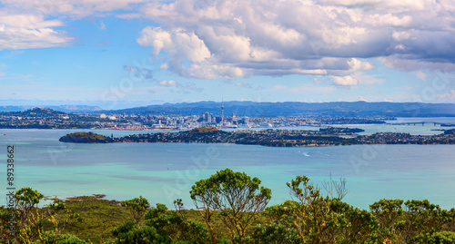 Auckland City downtown from Rangitoto Island mountain.