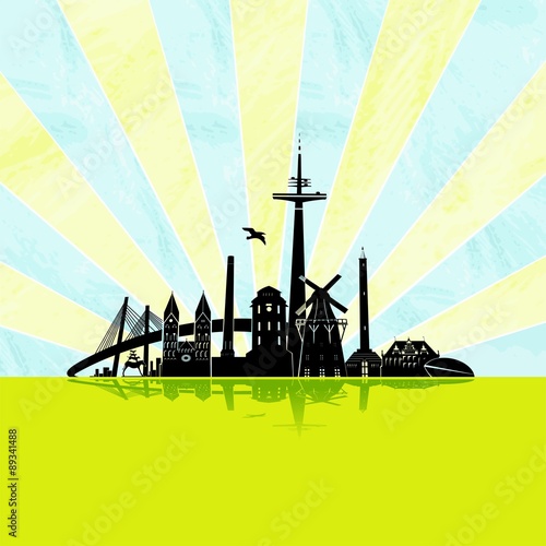 Bremen Skyline Scherenschnitt Kulisse Silhouette Sonnenstrahlen Spiegelung Vektor