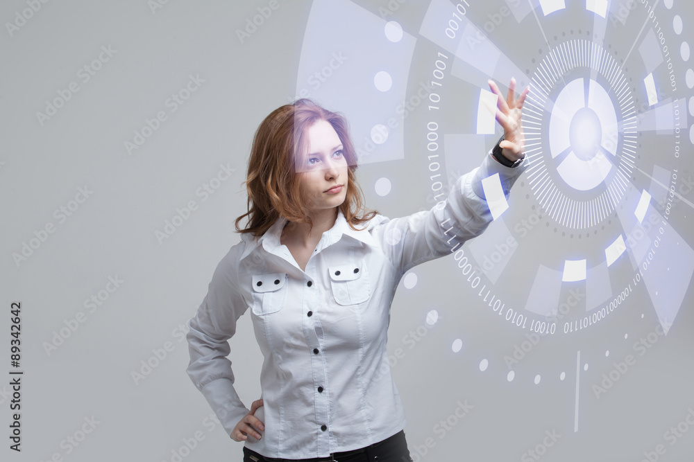 Future technology. Woman working with futuristic interface Future technology. Woman working with futuristic interface