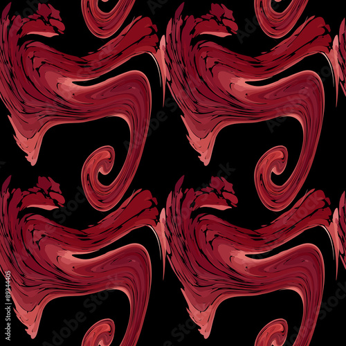 Textile seamless pattern of red abstract waves and swirls on dar