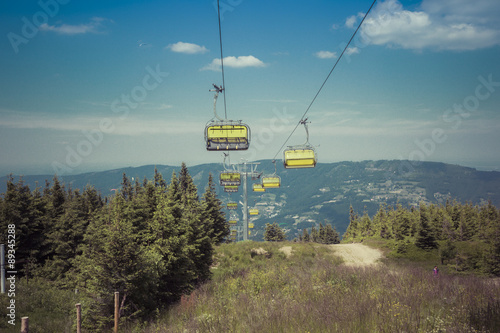 SZCZYRK, POLAND - JULY 4, 2015 : Yellow cable car on Skrzyczne m