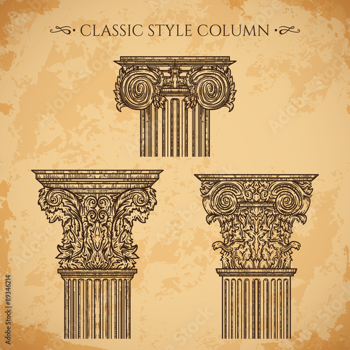 Antique and baroque classic style column vector set. Vintage architectural details design elements on grunge background in sketch style