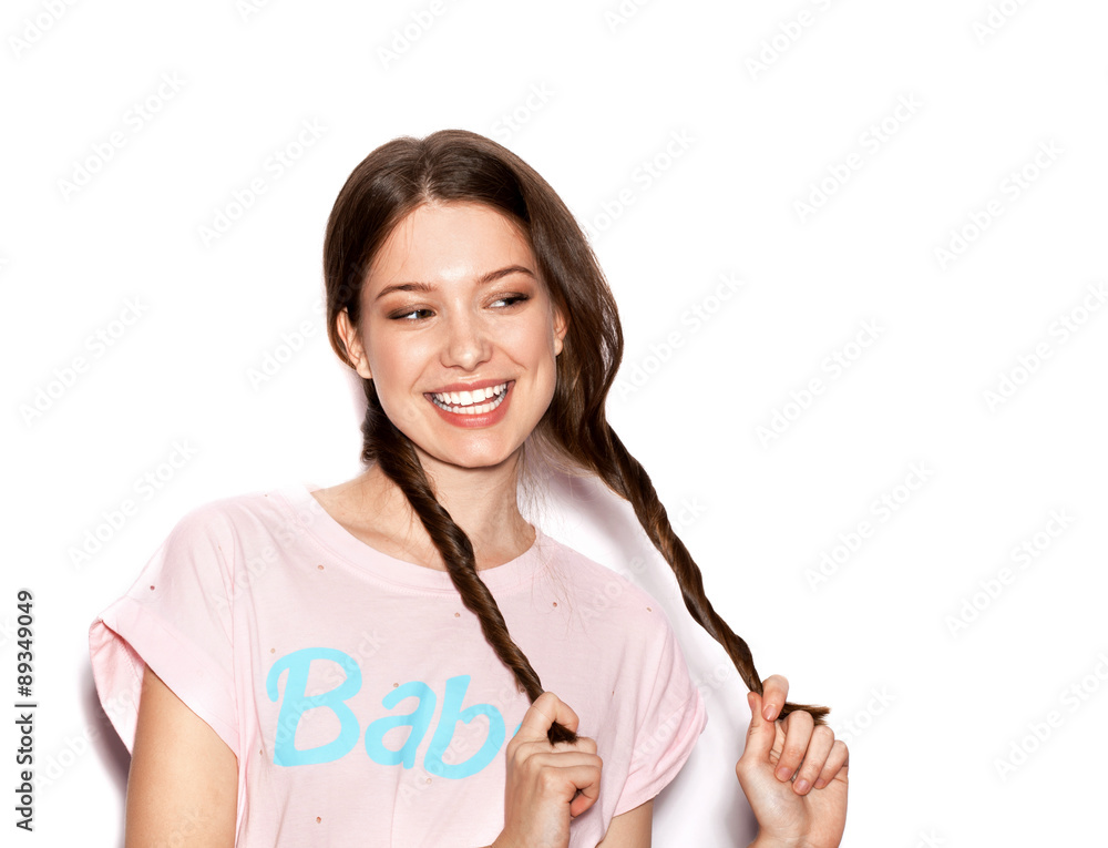 Smiling Woman with bright makeup and pigtails