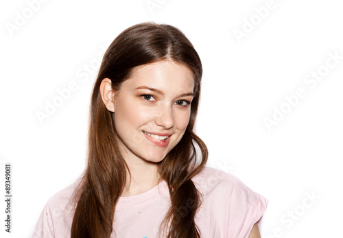 funny cute smiling woman on white background