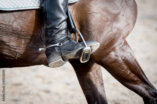 Closeup of a foot in a stirrup with a brown horse.