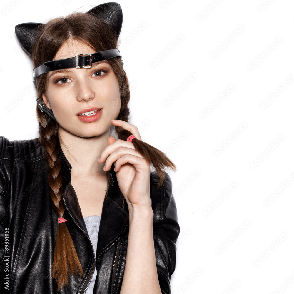 Funny woman represents as small cat having fun Funny woman represents as small cat having fun
