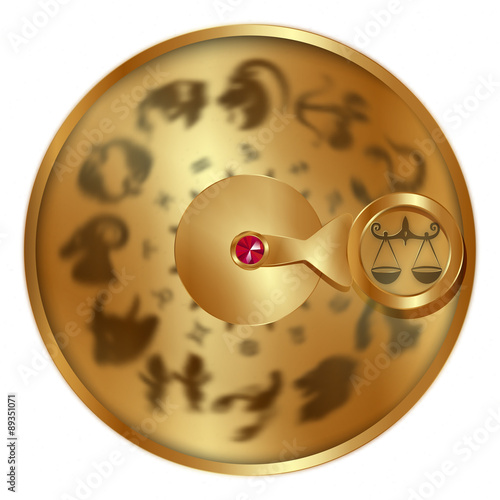 vector illustration gold disc with signs of the zodiac, Libra separately allocated. Isolated object to any suitable illustration.