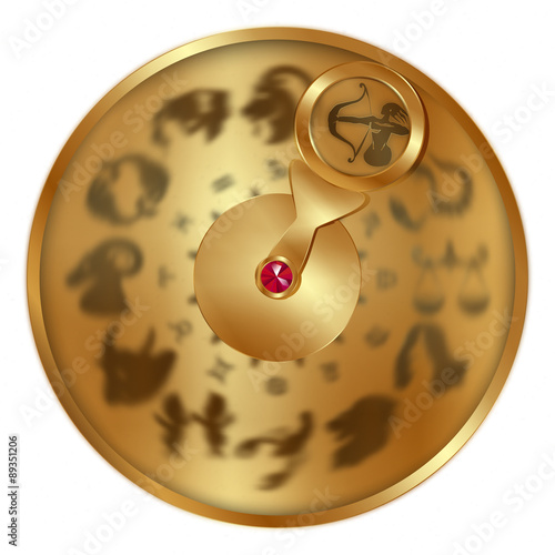 vector illustration gold disc with signs of the zodiac, Sagittarius separately allocated. Isolated object to any suitable illustration.