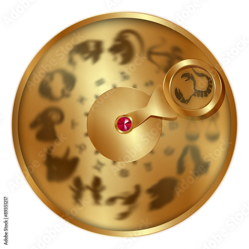 vector illustration gold disc with signs of the zodiac, Scorpio separately allocated. Isolated object to any suitable illustration.