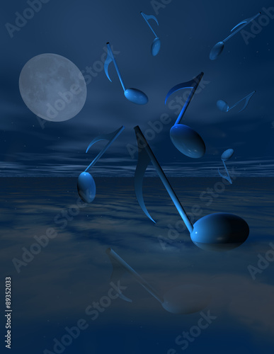 Photography Blue Notes dipping into the sea with a full moon and blue night