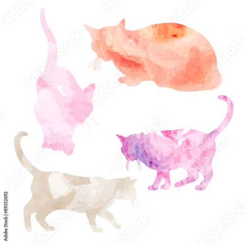 Vector illustration of hand painted watercolor cats. Watercolor