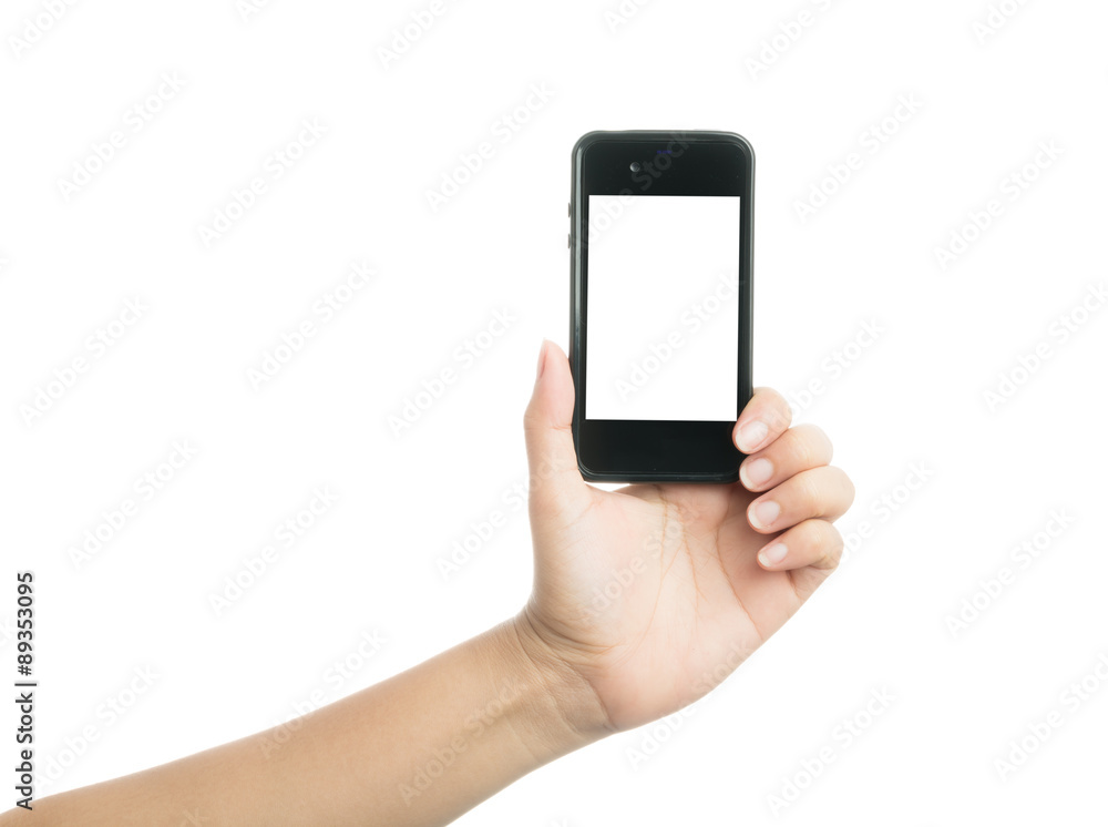 Woman hand holding black smart phone with blank screen Woman hand holding black smart phone with blank screen