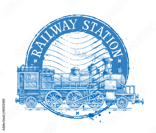 railway station vector logo design template. Shabby stamp or