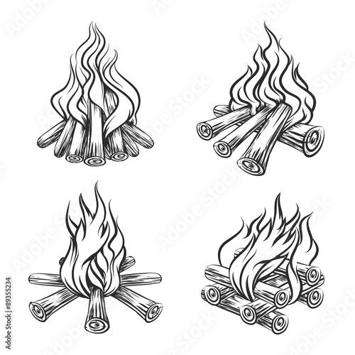 Hand drawn vector bonfire set