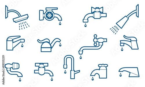 Water tap or faucet line icons set