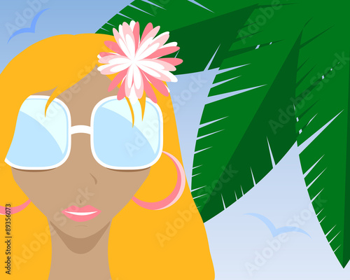 tanned girl with flower in the ginger hair on a background of palm leaves and blue sky vector