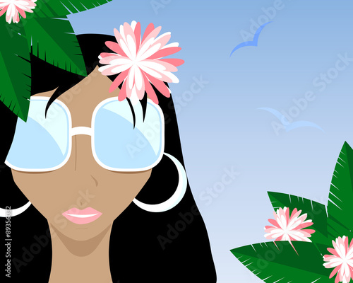 tanned girl with flower in the black hair on a background of palm leaves and blue sky vector