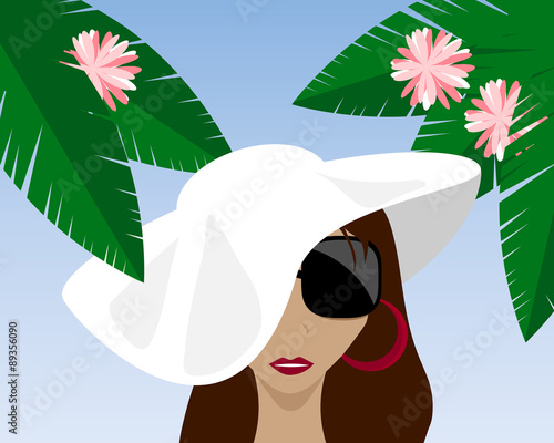 tanned girl in a white hat on a background of palm leaves and blue sky vector
