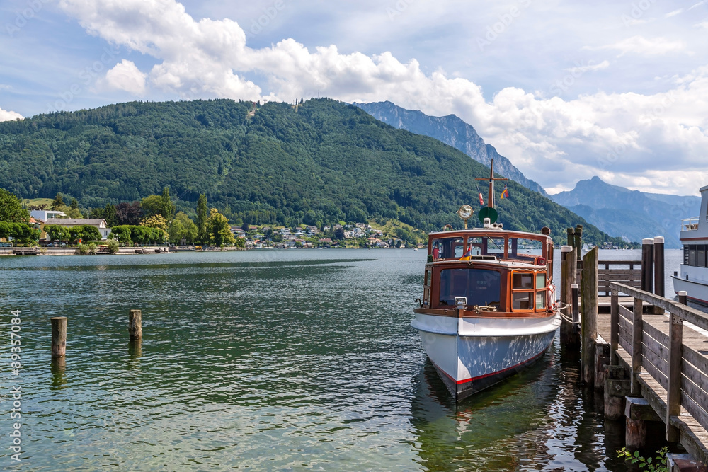 Boat at jetty of lake Traunsee