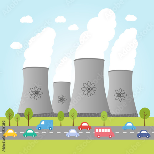 Nuclear power plants with road and cars