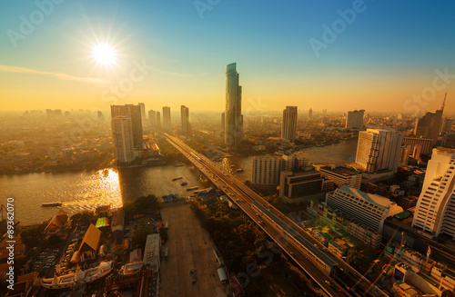 Chao Phraya river and high building sky scrapper in heart of ban