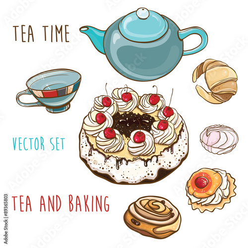 Tea time. Vector set of pastry, baking, teapot and cup.