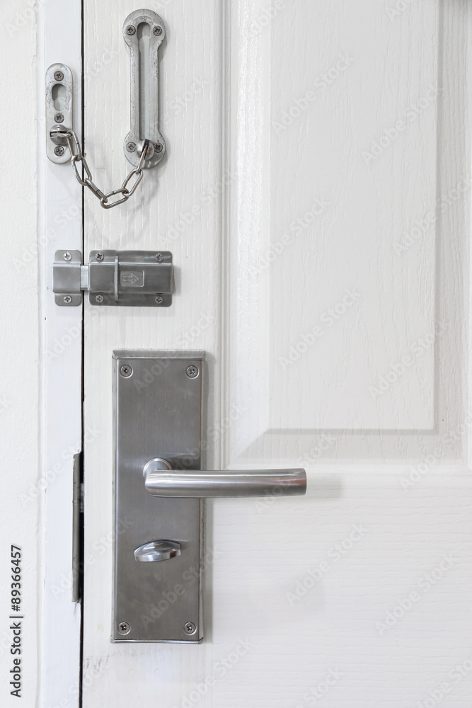 Modern style metal locked with chain and door knob.